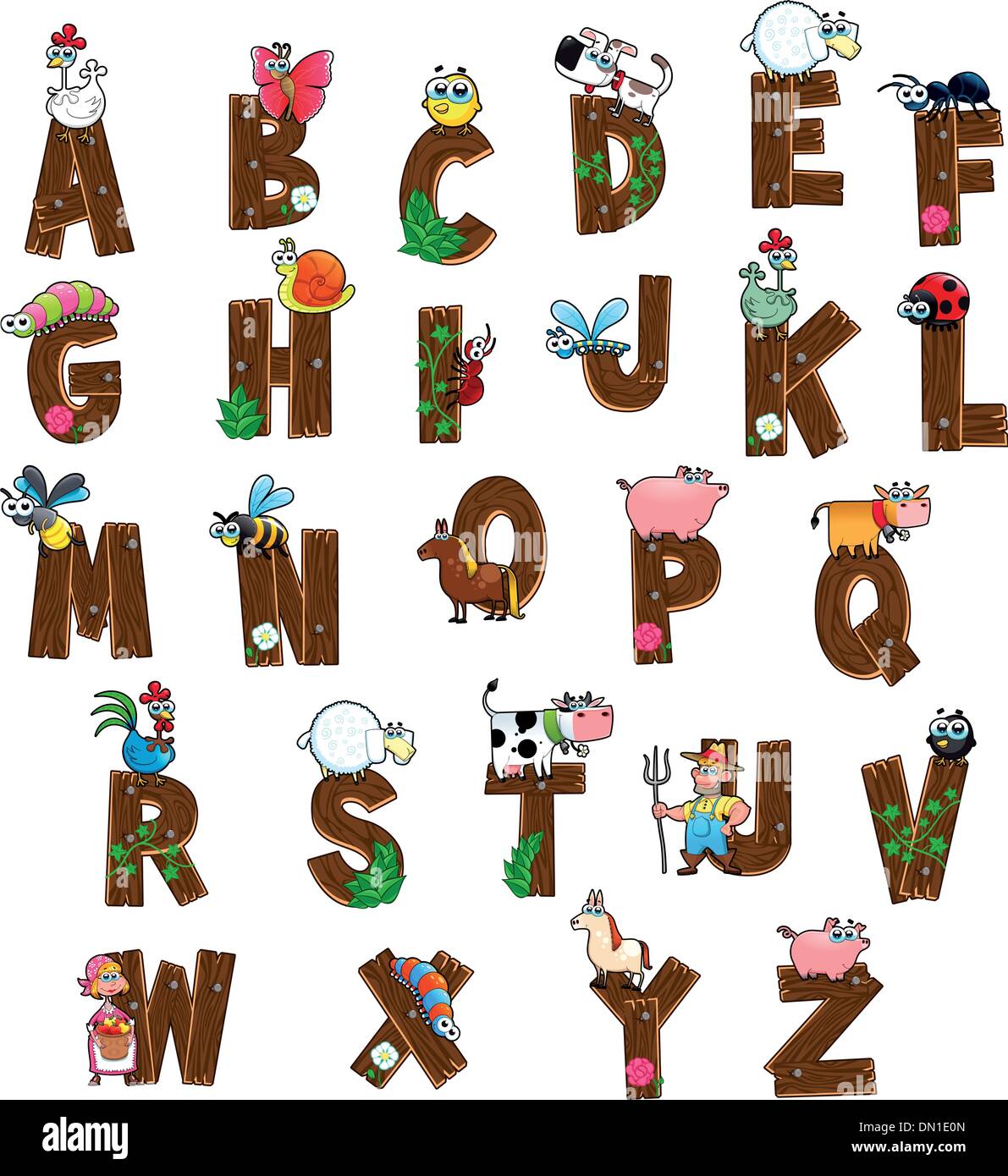 Alfabeto con gli animali e gli agricoltori. Illustrazione Vettoriale