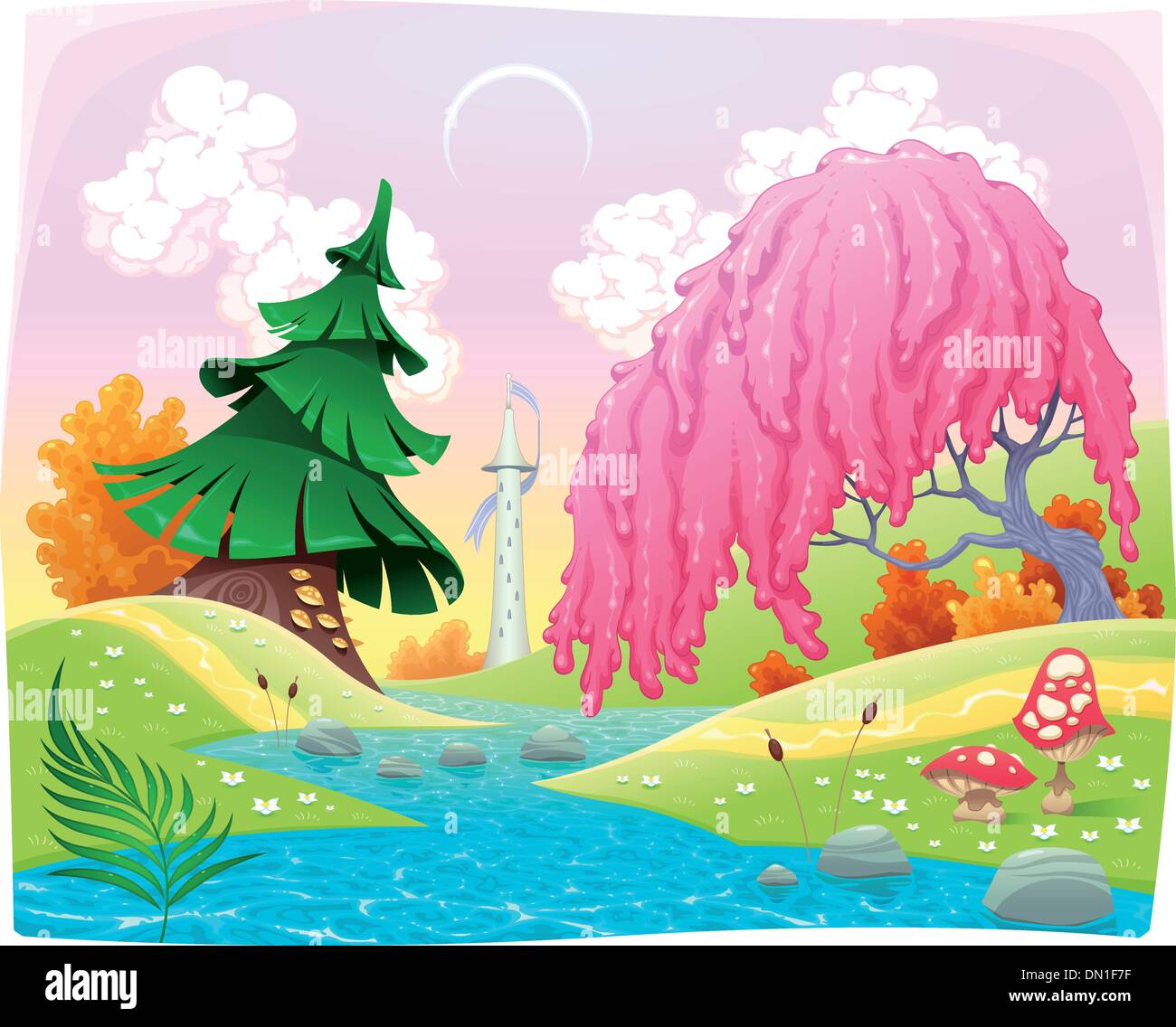 Paesaggio di fantasia sul lungofiume. Illustrazione Vettoriale