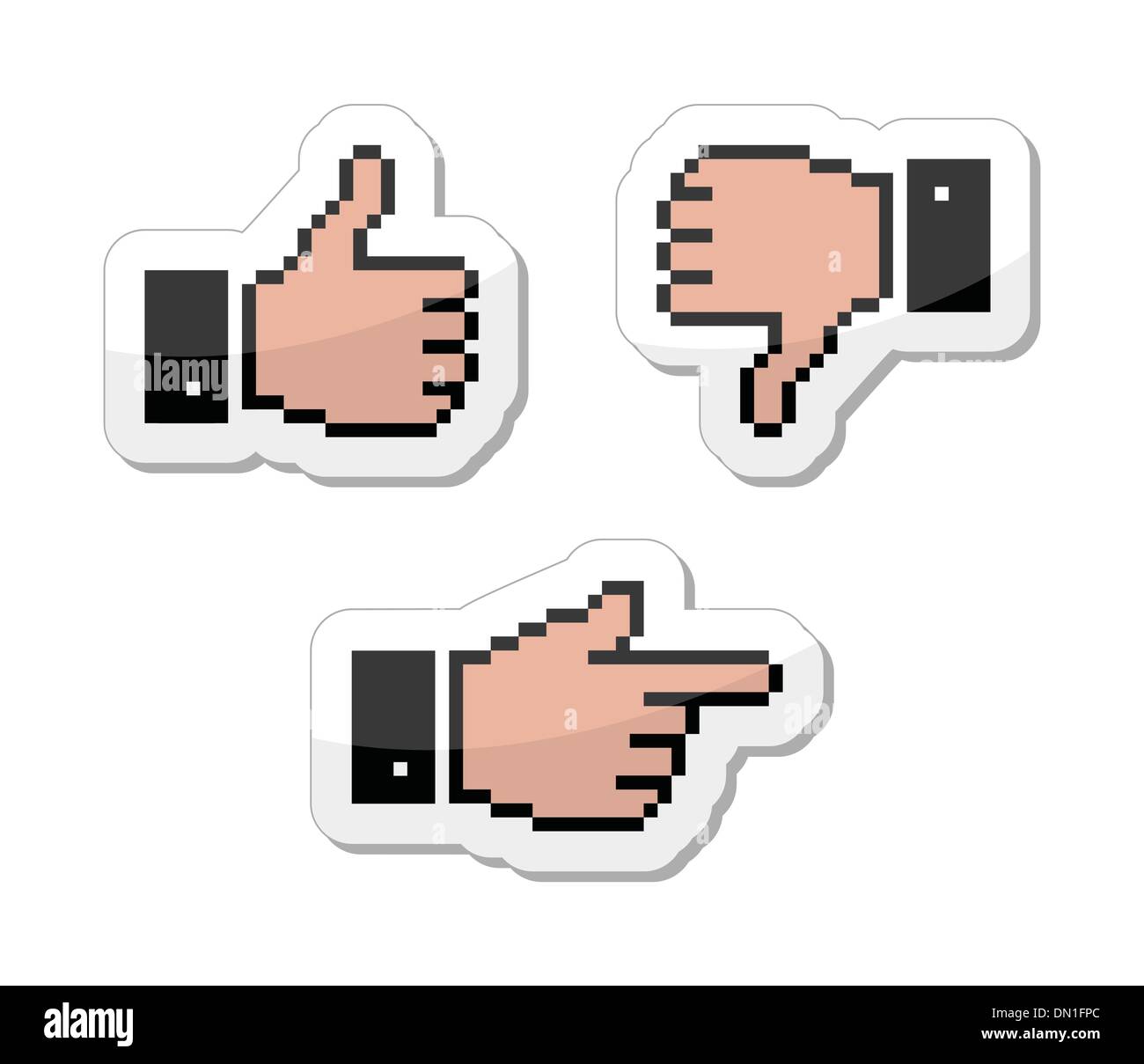 Cursore di pixel icone - pollice in alto, come mano di puntamento Illustrazione Vettoriale