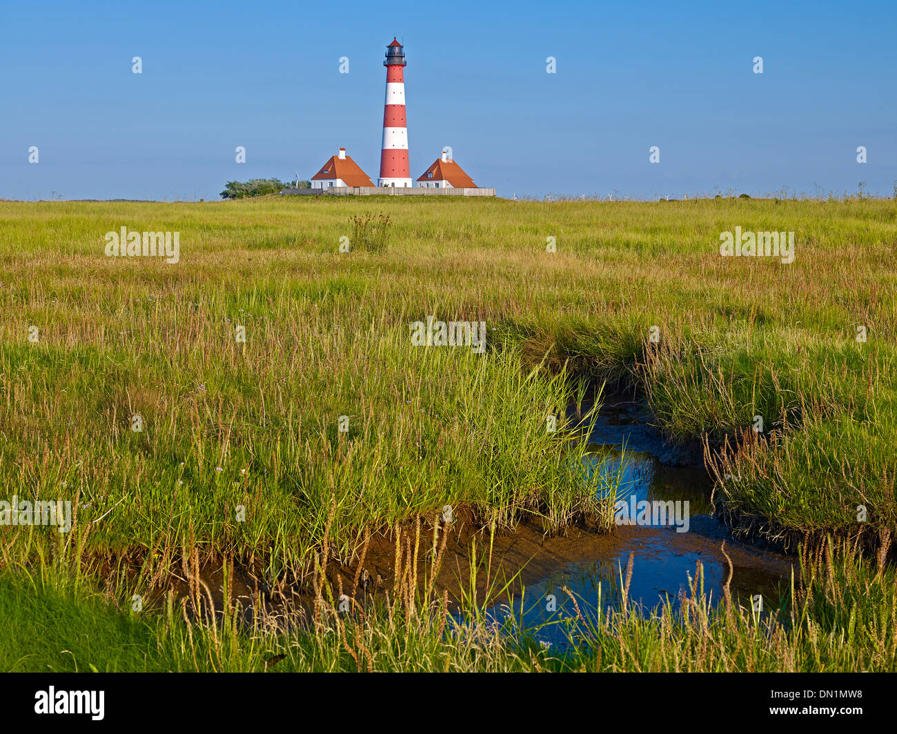 Faro Westerheversand, penisola di Eiderstedt, Frisia settentrionale, Schleswig-Holstein, Germania Foto Stock