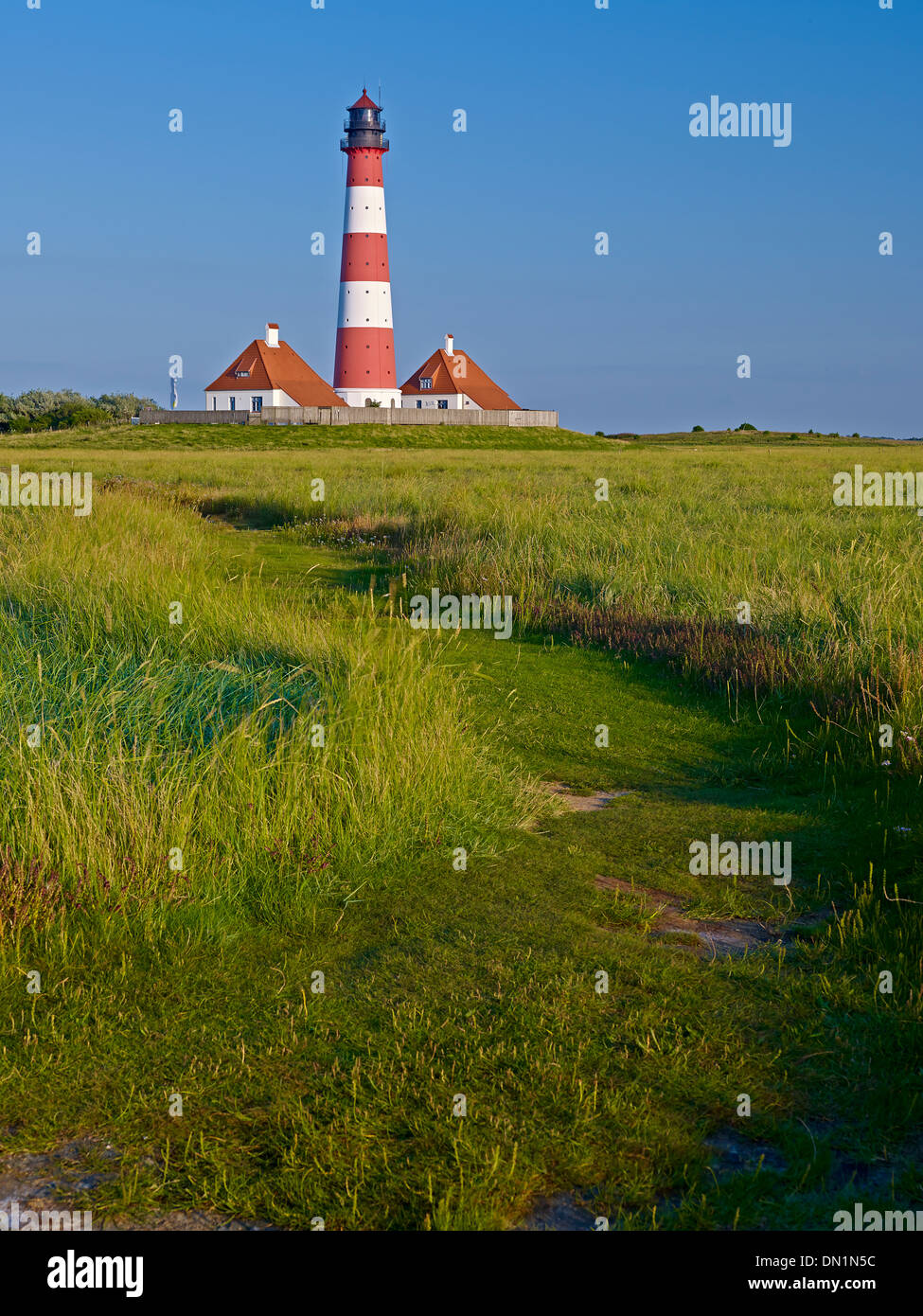 Faro Westerheversand, penisola di Eiderstedt, Frisia settentrionale, Schleswig-Holstein, Germania Foto Stock