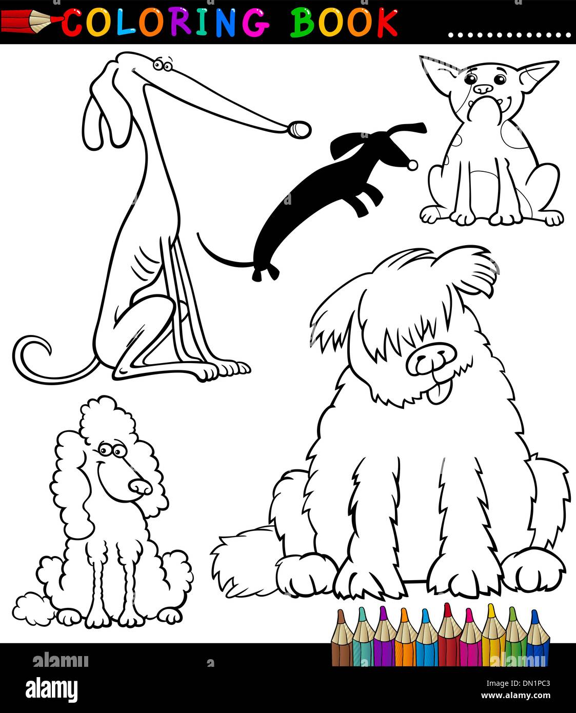 Cartoon cani o cuccioli per libro da colorare Illustrazione Vettoriale