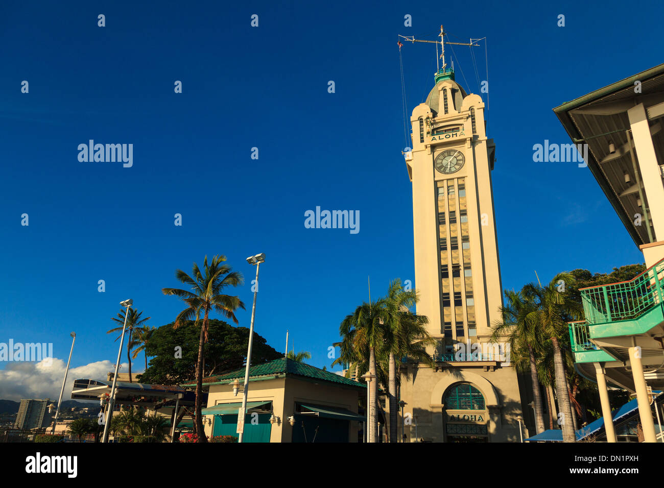 Stati Uniti d'America, Hawaii, Oahu, Honolulu, Porto di Honolulu, Storico Aloha Tower Foto Stock