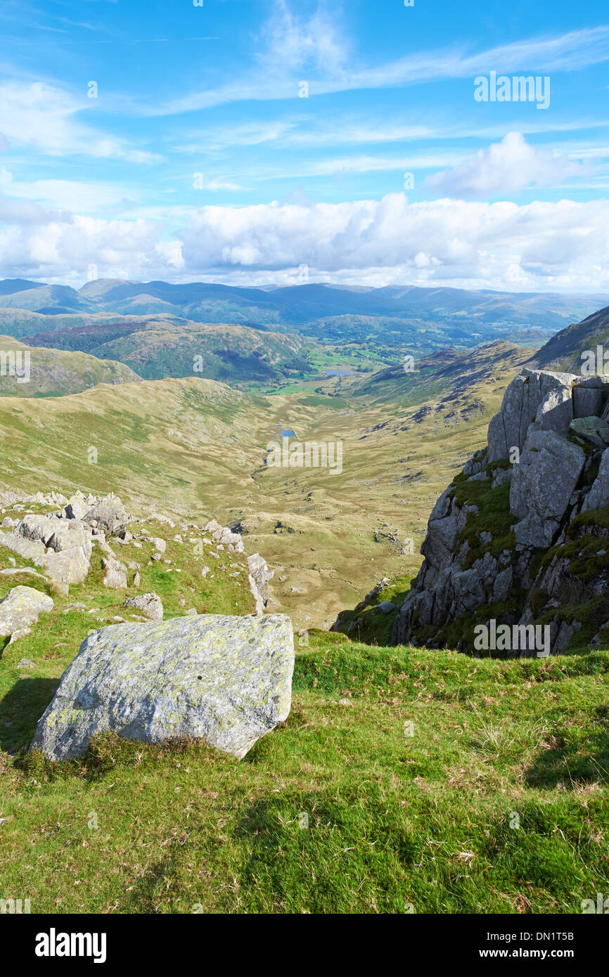 Little Langdale dal vertice di grande Carrs nel distretto del lago, Inghilterra, Regno Unito. Foto Stock