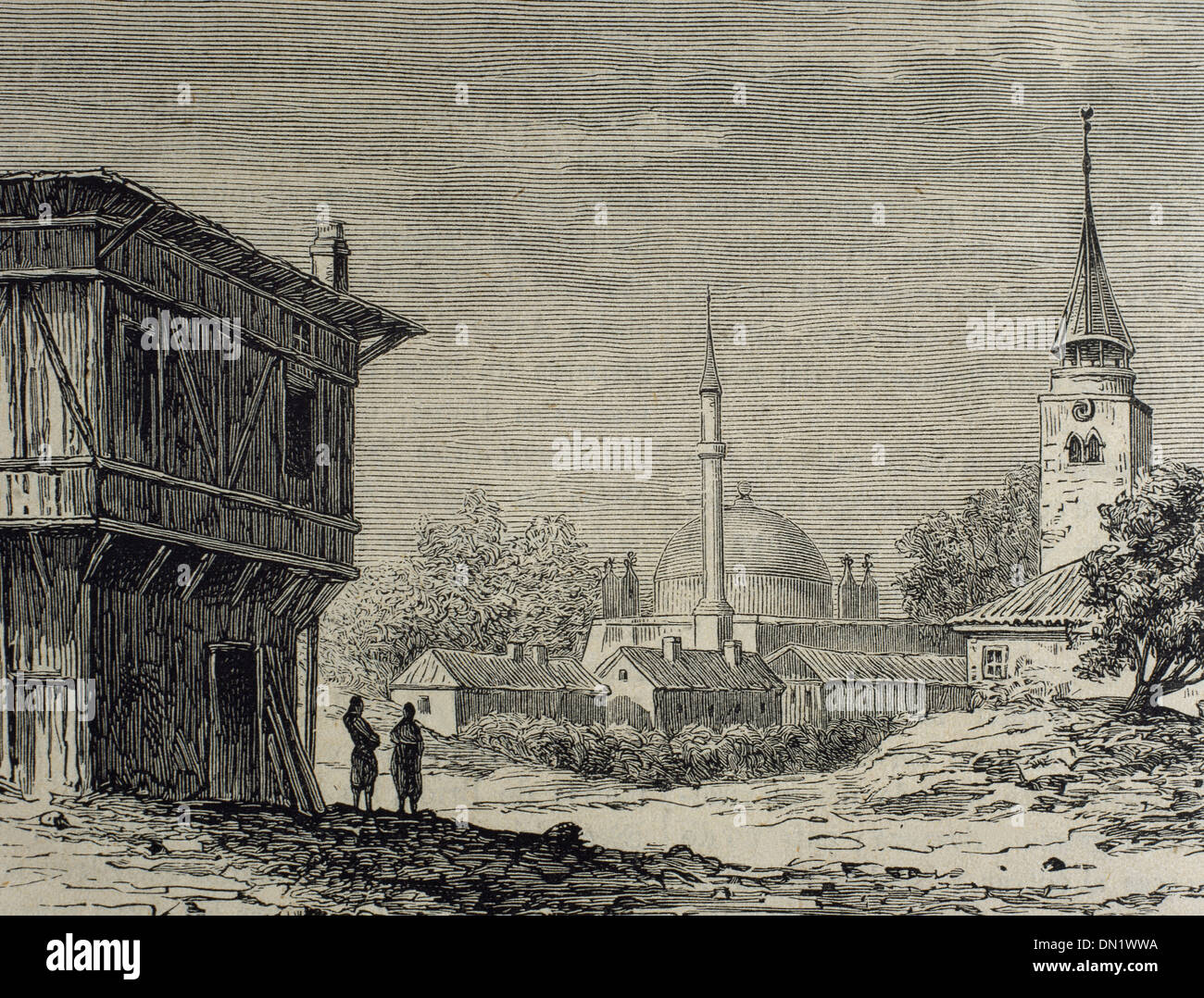 La Bulgaria. Razgrad. La dominazione ottomana. Incisione di Capuz 'La Ilustracion Española y Americana ", 1877. Foto Stock