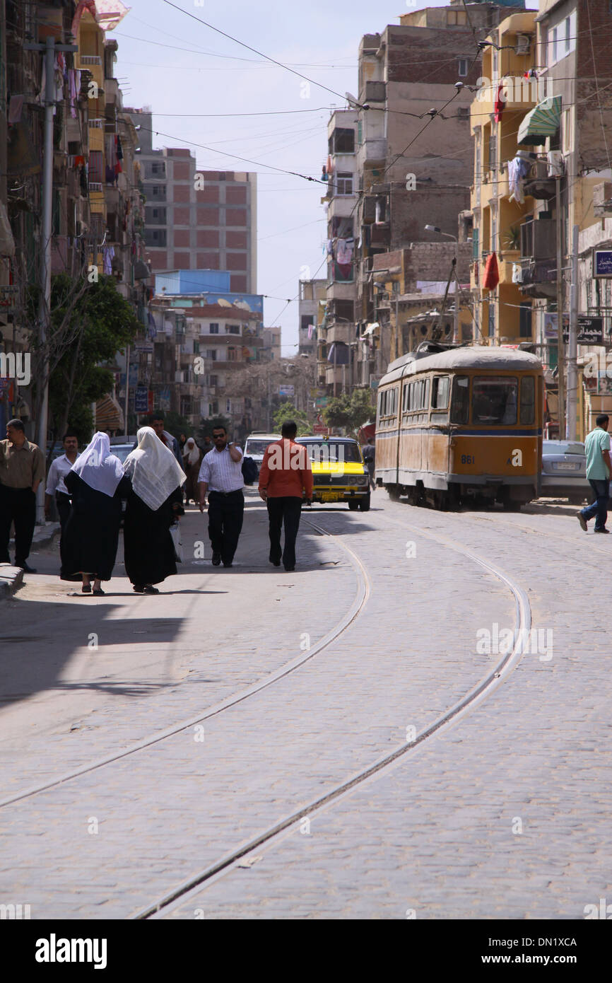 Tram @ Via Alessandria - Egitto Foto Stock