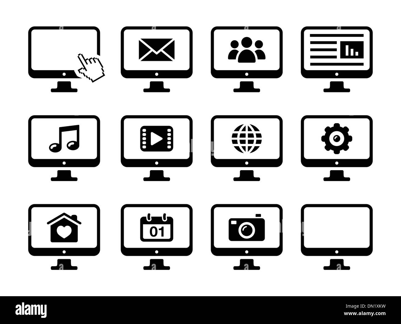 Schermo di computer nero set di icone Illustrazione Vettoriale