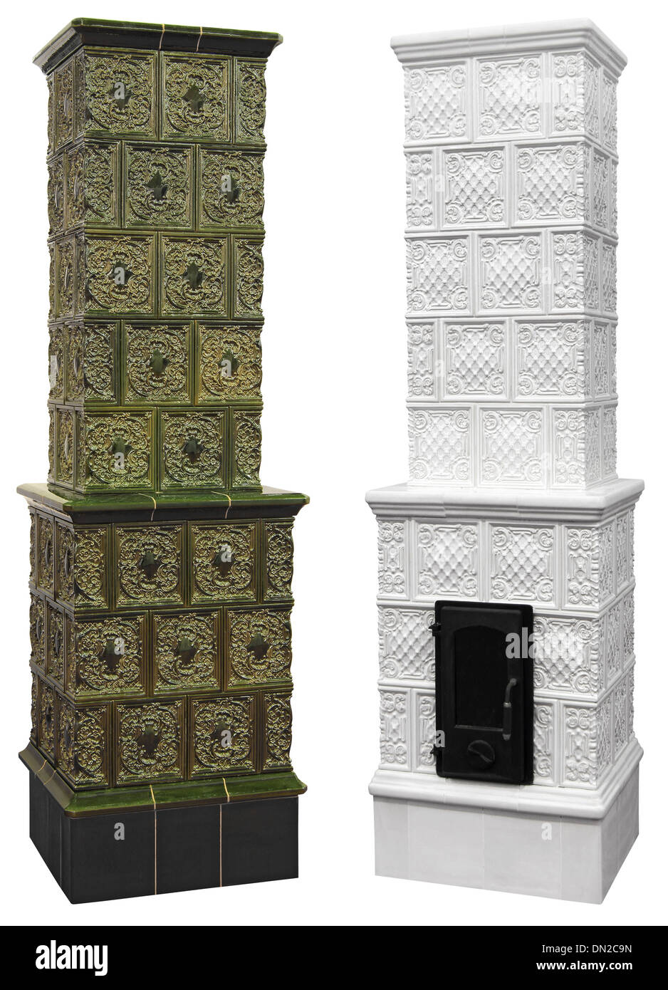 Verde e bianco caminetti di pezzi in ceramica isolata su sfondo bianco Foto Stock