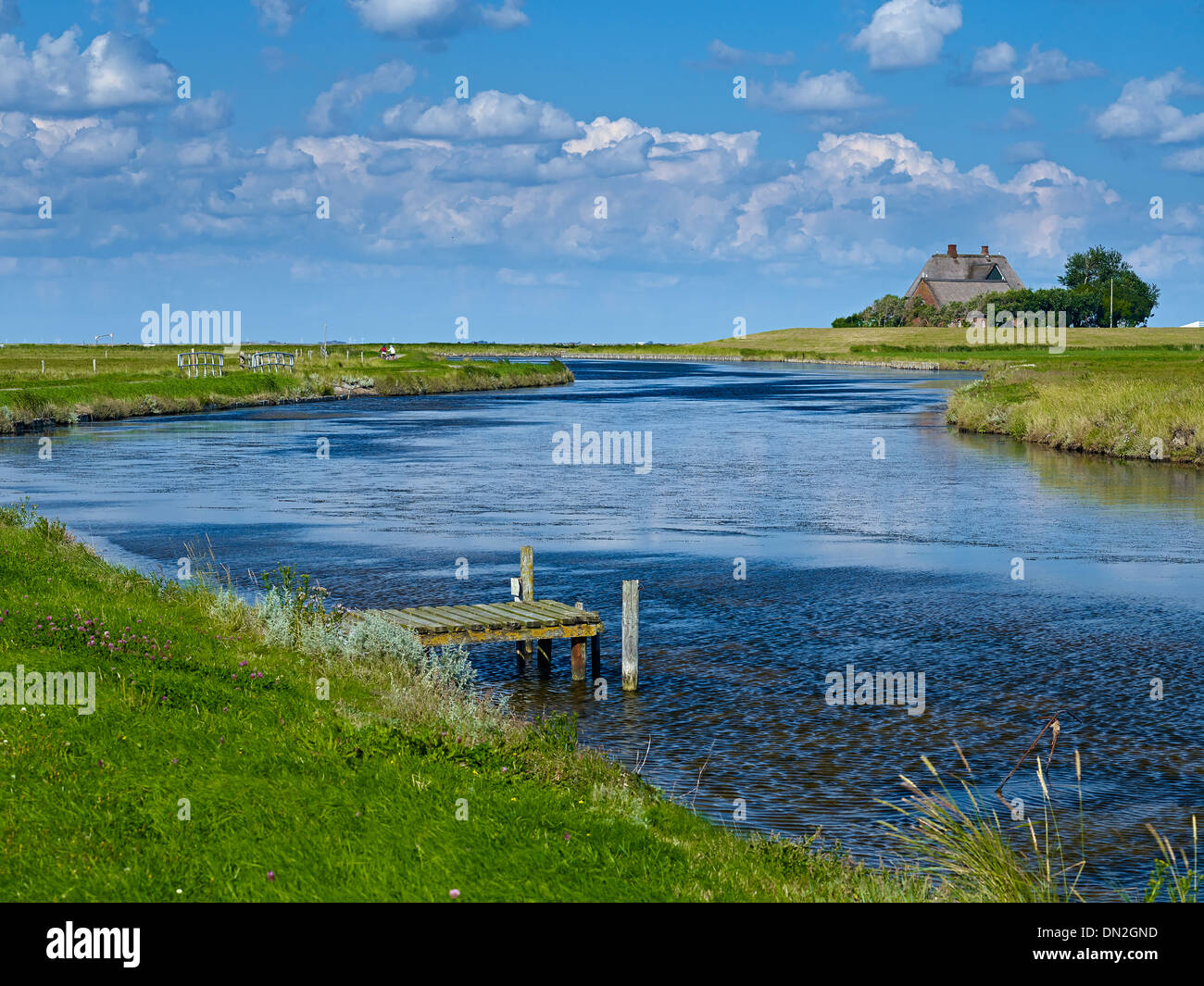 Kirchwarft su Hooge, Frisia settentrionale, Schleswig-Holstein, Germania Foto Stock