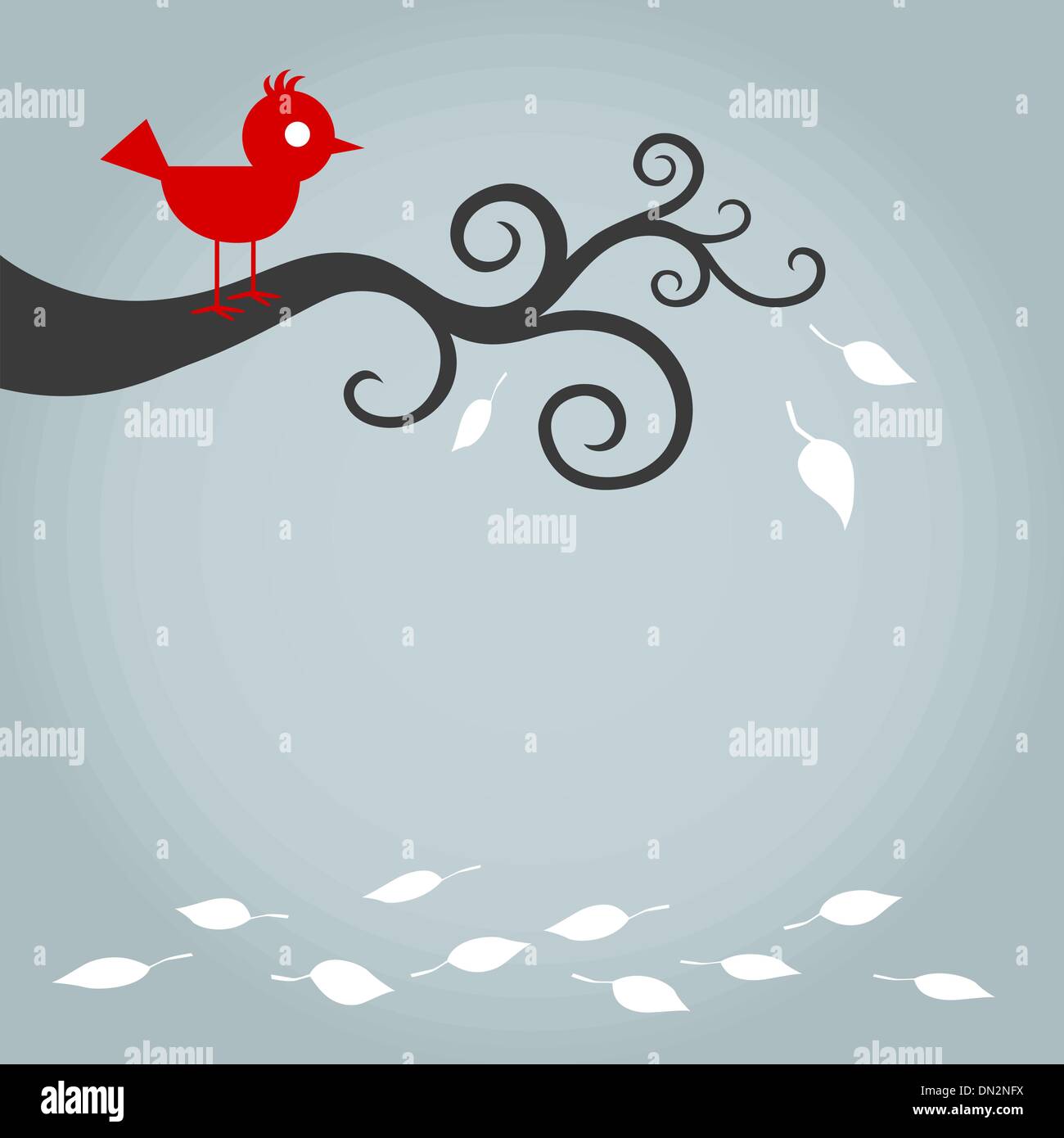 Uccello rosso su albero caduto con foglie Illustrazione Vettoriale