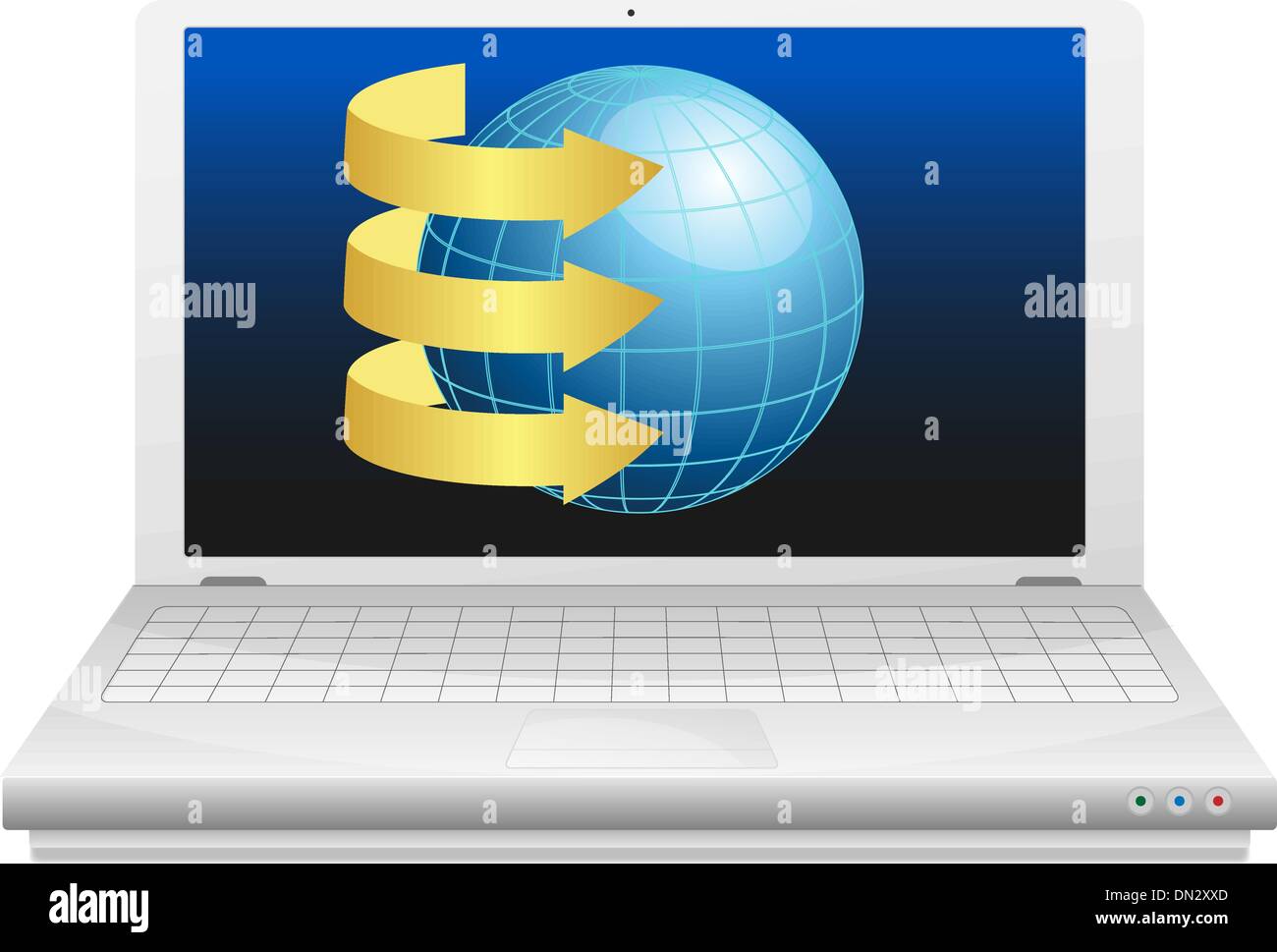 Computer portatile con globo blu e oro frecce Illustrazione Vettoriale