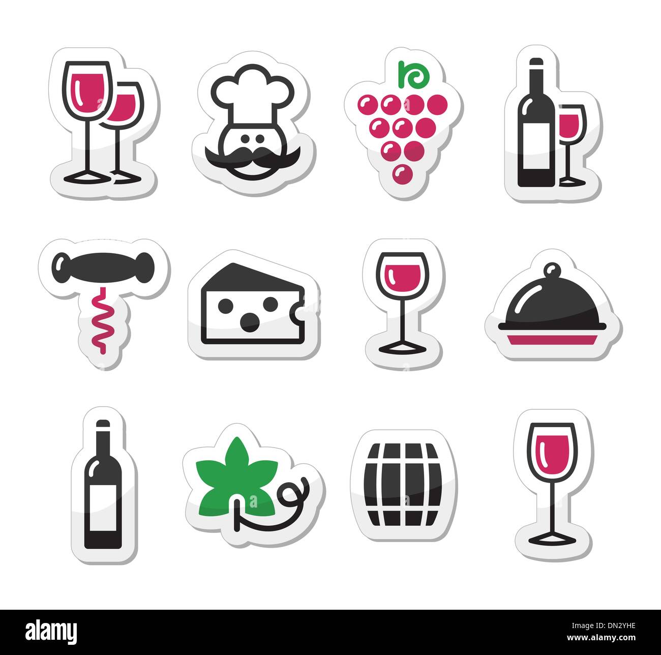 Etichette di vino set - bicchiere, bottiglia, ristorante, alimentari Illustrazione Vettoriale