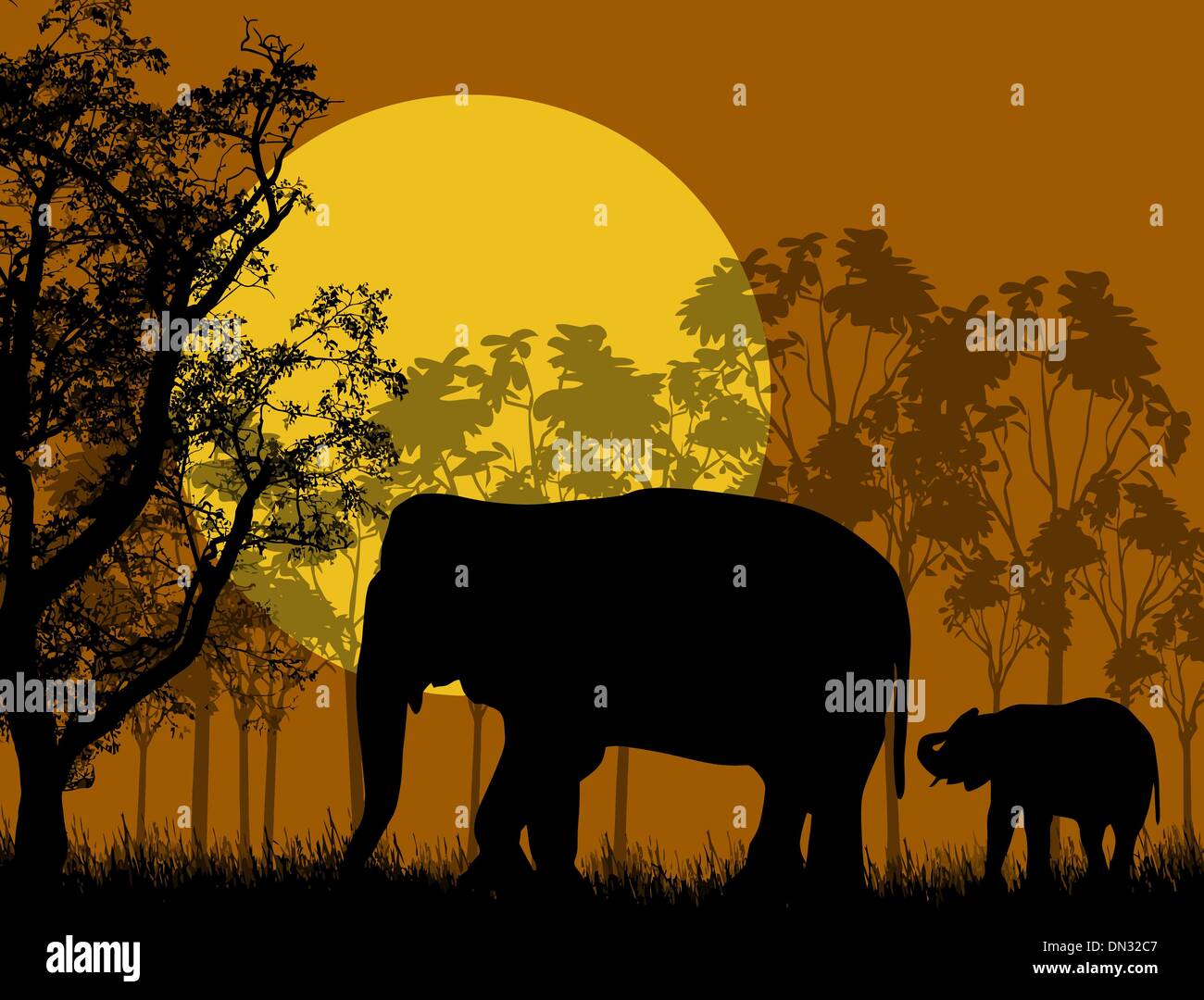 Famiglia di elefanti nel selvaggio paesaggio africano Illustrazione Vettoriale