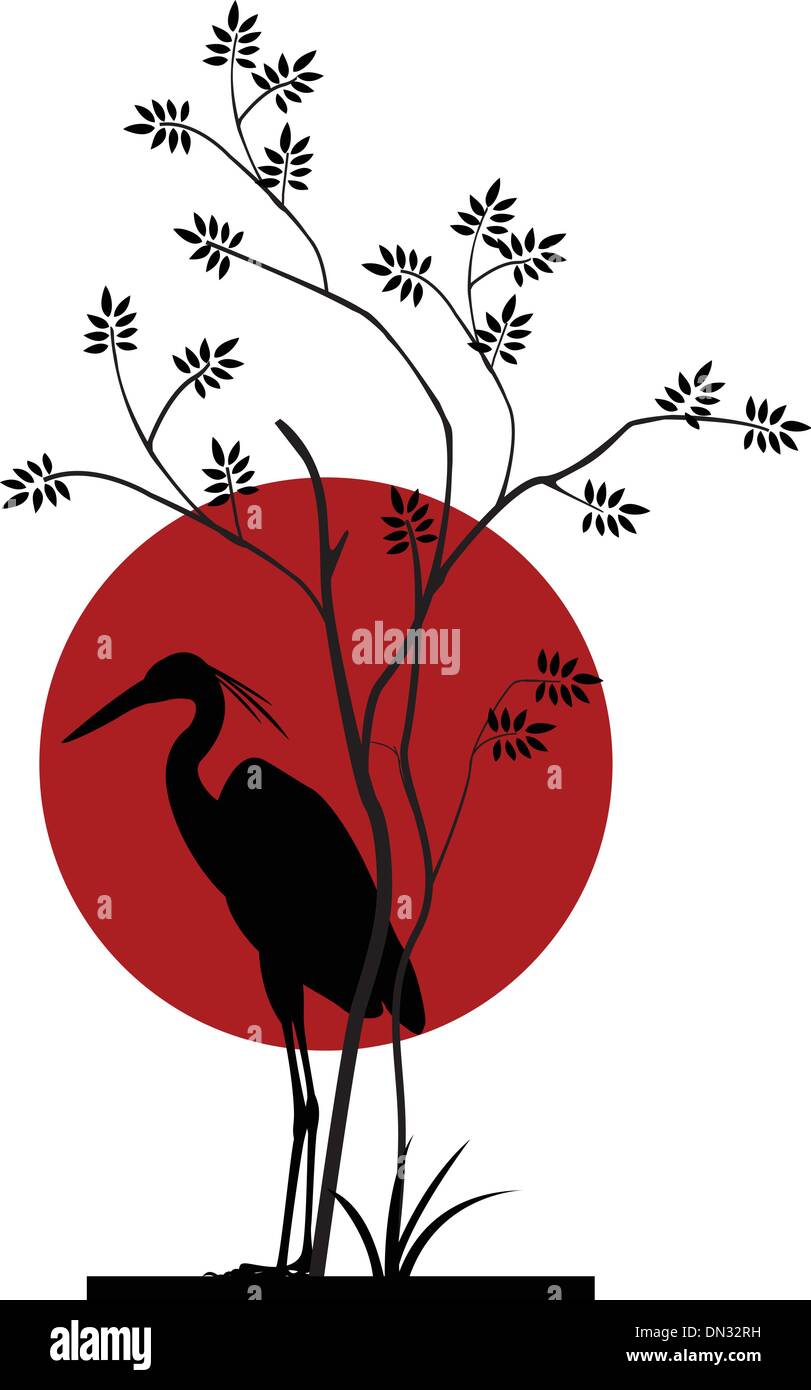 Heron silhouette con gigante sullo sfondo della luna Illustrazione Vettoriale