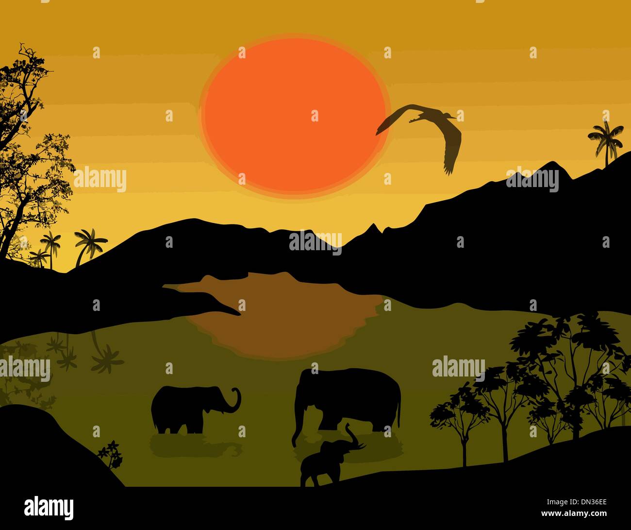 Bellissimo paesaggio con gli elefanti Illustrazione Vettoriale