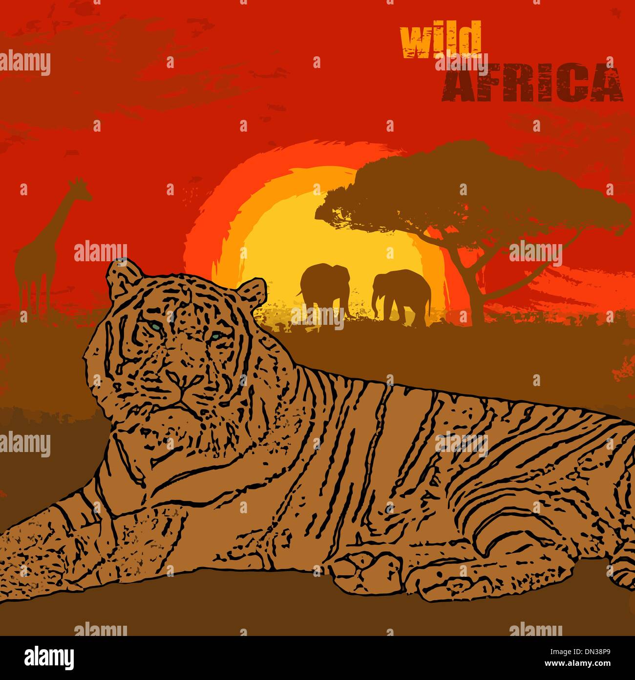 Lion su grunge tramonto africano Illustrazione Vettoriale