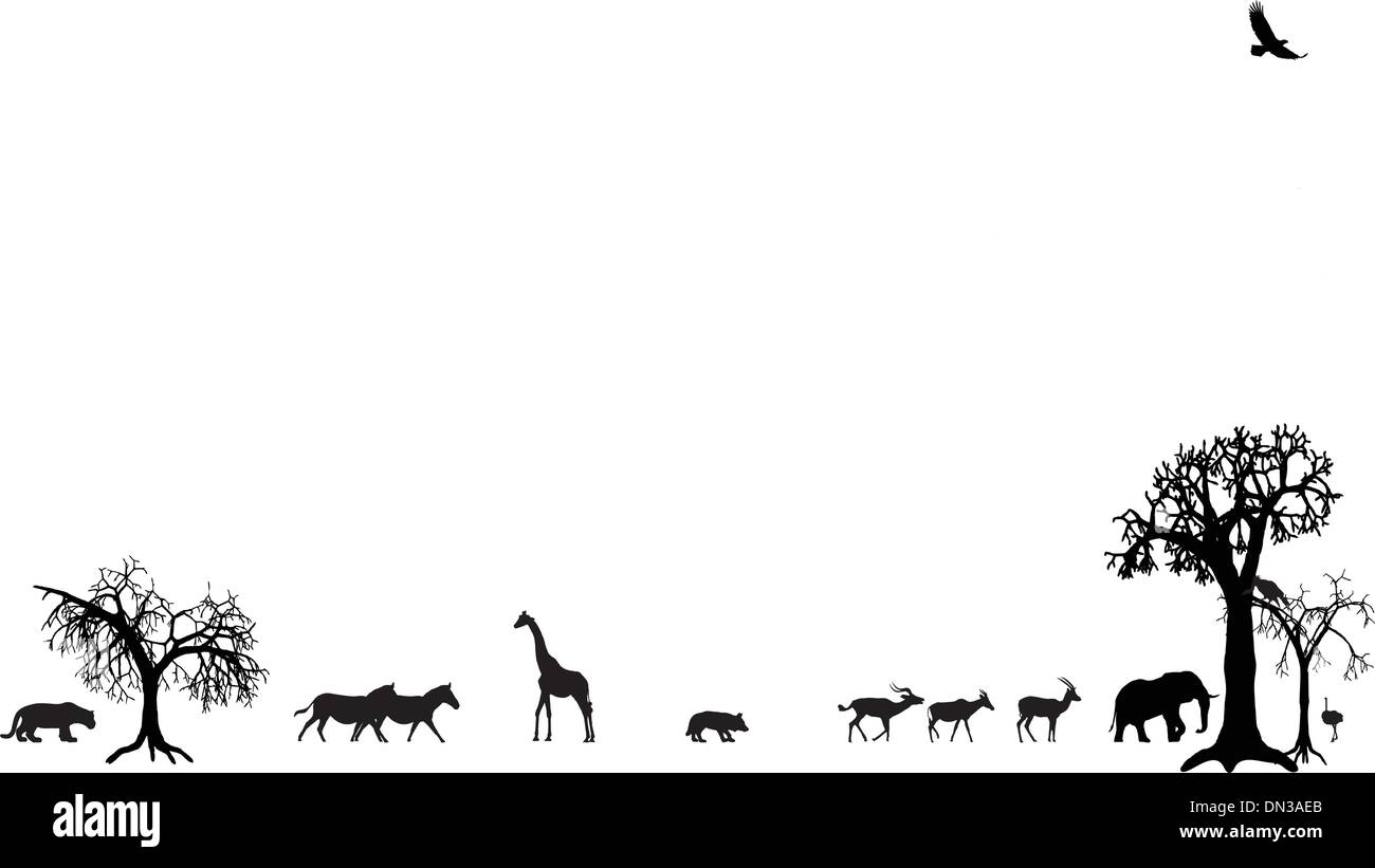 Illustraion degli animali nel tramonto in africa Illustrazione Vettoriale