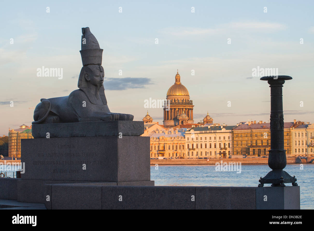 Russia, San Pietroburgo, sphinx presso l' Università di Embankment e sera vista verso il terrapieno di inglese e St Isaac Foto Stock