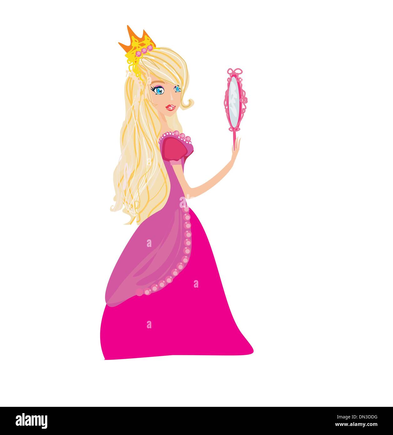 Giovani capelli biondi principessa con specchio nelle sue mani Illustrazione Vettoriale