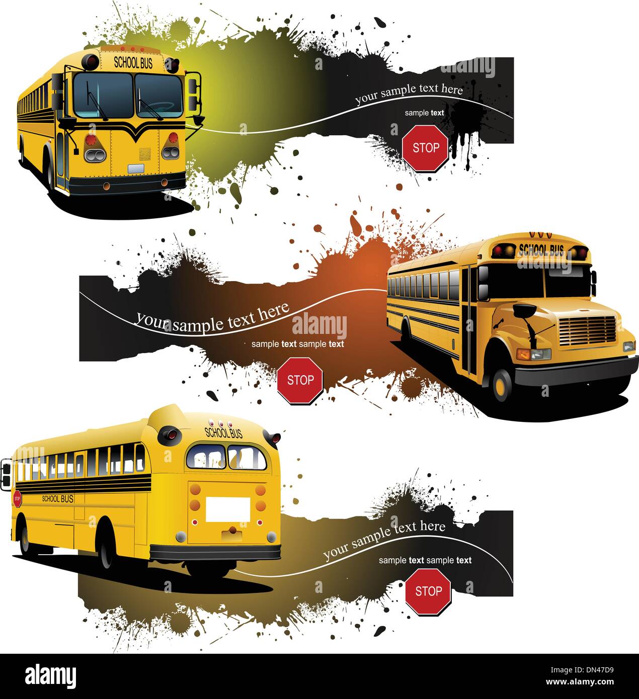 Tre gruppi grunge banner con Giallo scuola-bus. Illustrati del vettore Illustrazione Vettoriale