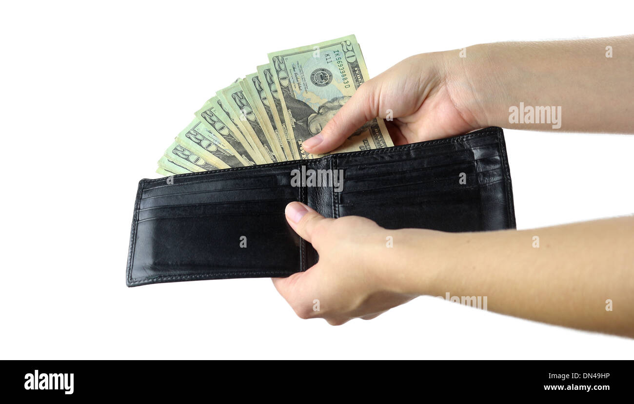 Mani che mostra un portafoglio pieno di contanti Foto Stock