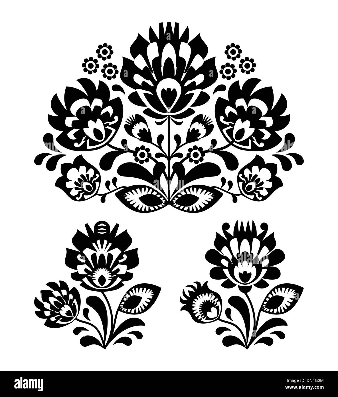Ricamo Folk con fiori - tradizionale modello polacco in monocromia Illustrazione Vettoriale