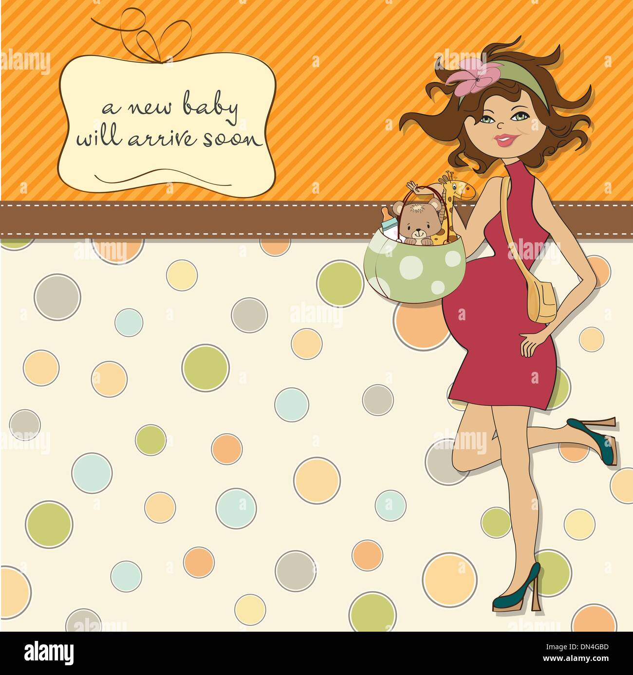 Annuncio baby card con donna in stato di gravidanza Illustrazione Vettoriale