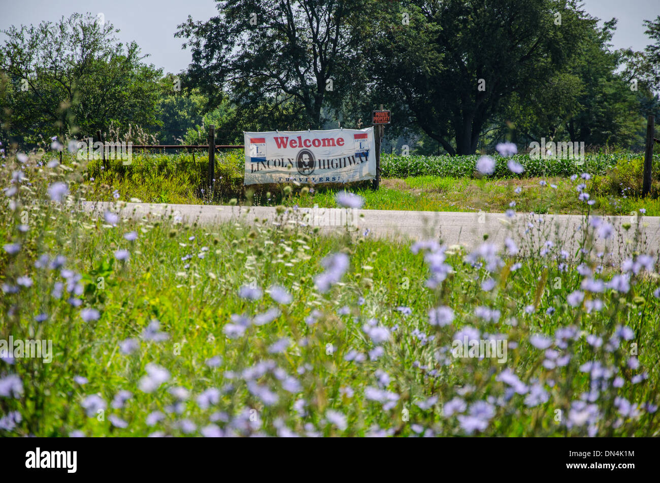 Benvenuti al Lincoln Highway banner vicino a Franklin Grove, Illinois, una città lungo la Lincoln Highway Foto Stock