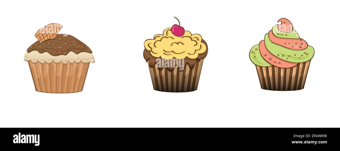 Set di 3 graziosi tortine Illustrazione Vettoriale
