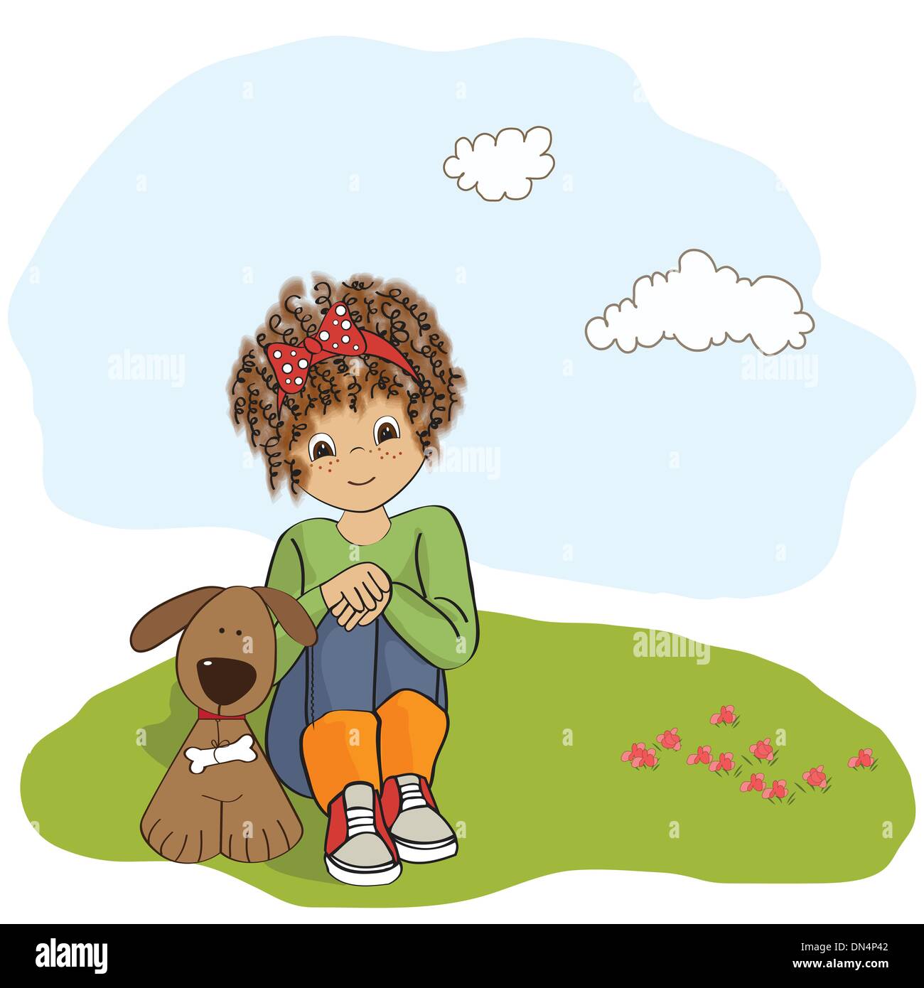 Curly bambina e il suo cane Illustrazione Vettoriale