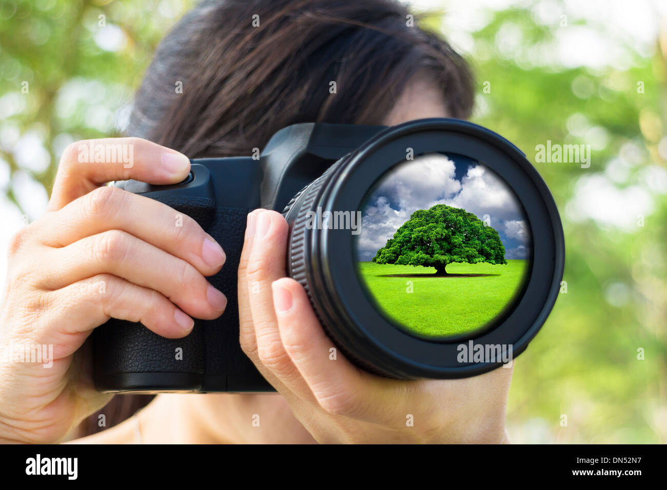 Giovane donna prendendo foto con il verde della natura concetto Foto Stock