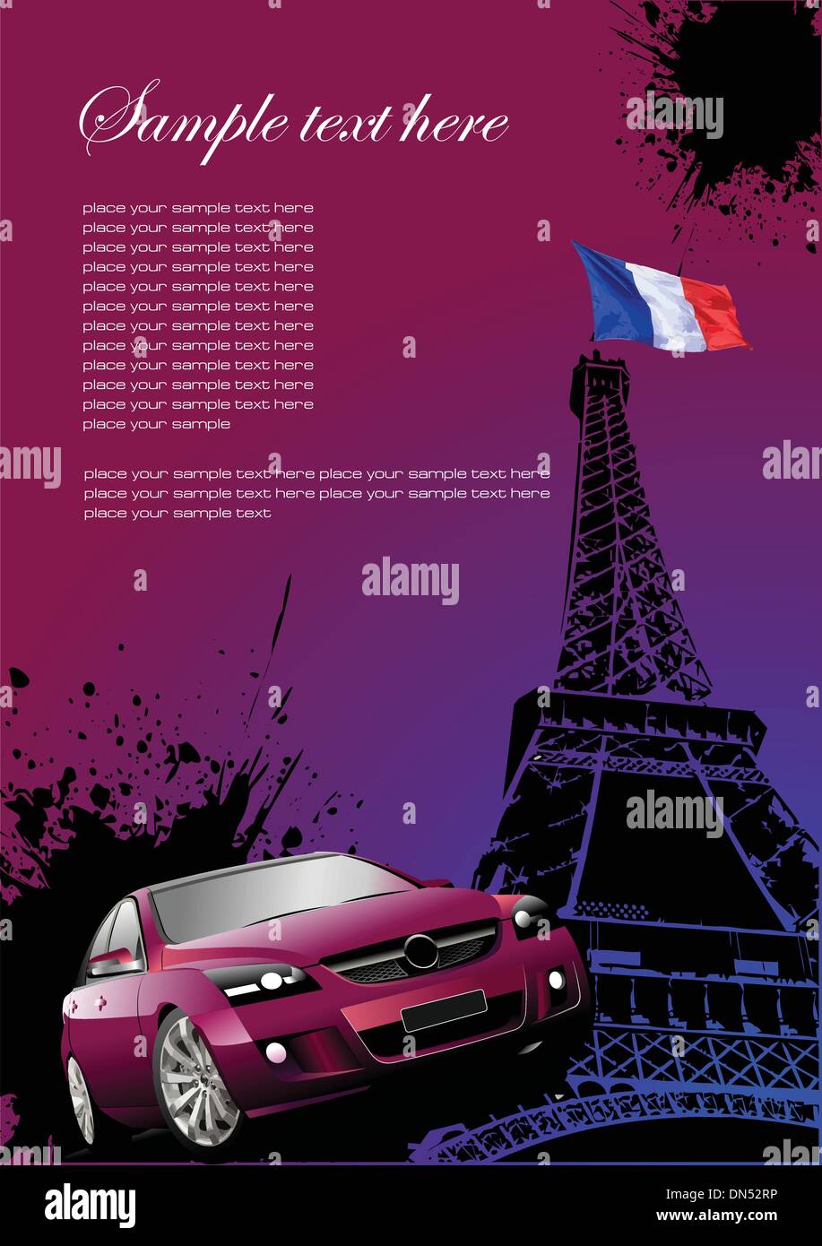 Coperchio per brochure con immagine di Parigi, Francia bandiera e auto Illustrazione Vettoriale