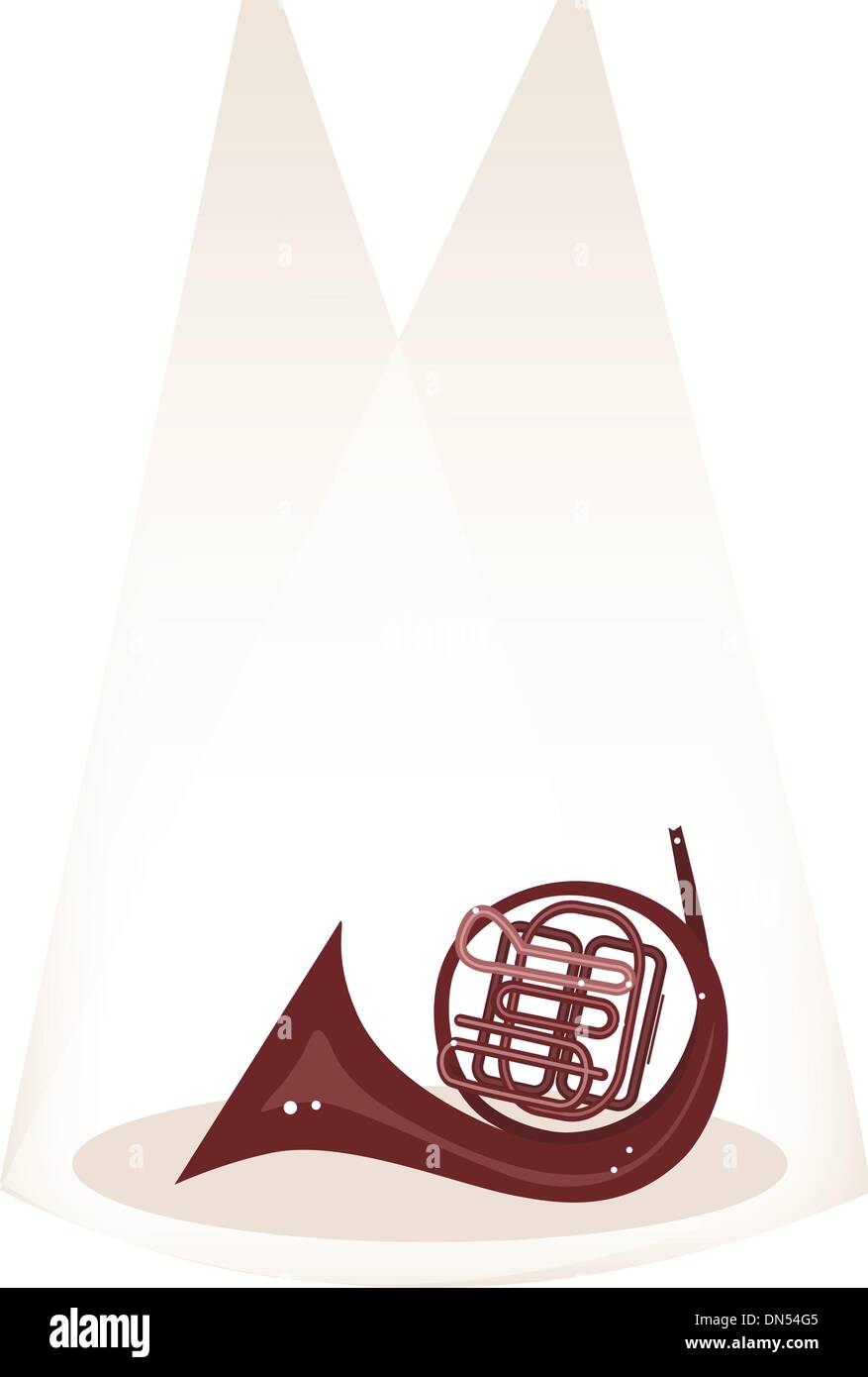 Un Musical corno francese sulla fase marrone sfondo Illustrazione Vettoriale