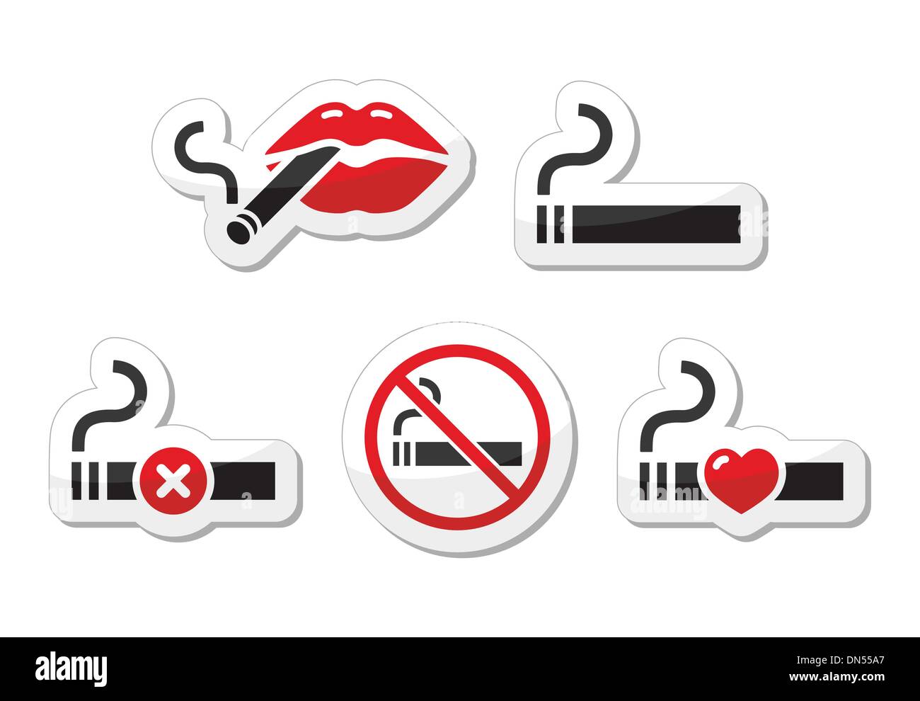 Labbra sexy con la sigaretta, non fumare vettore set di icone Illustrazione Vettoriale
