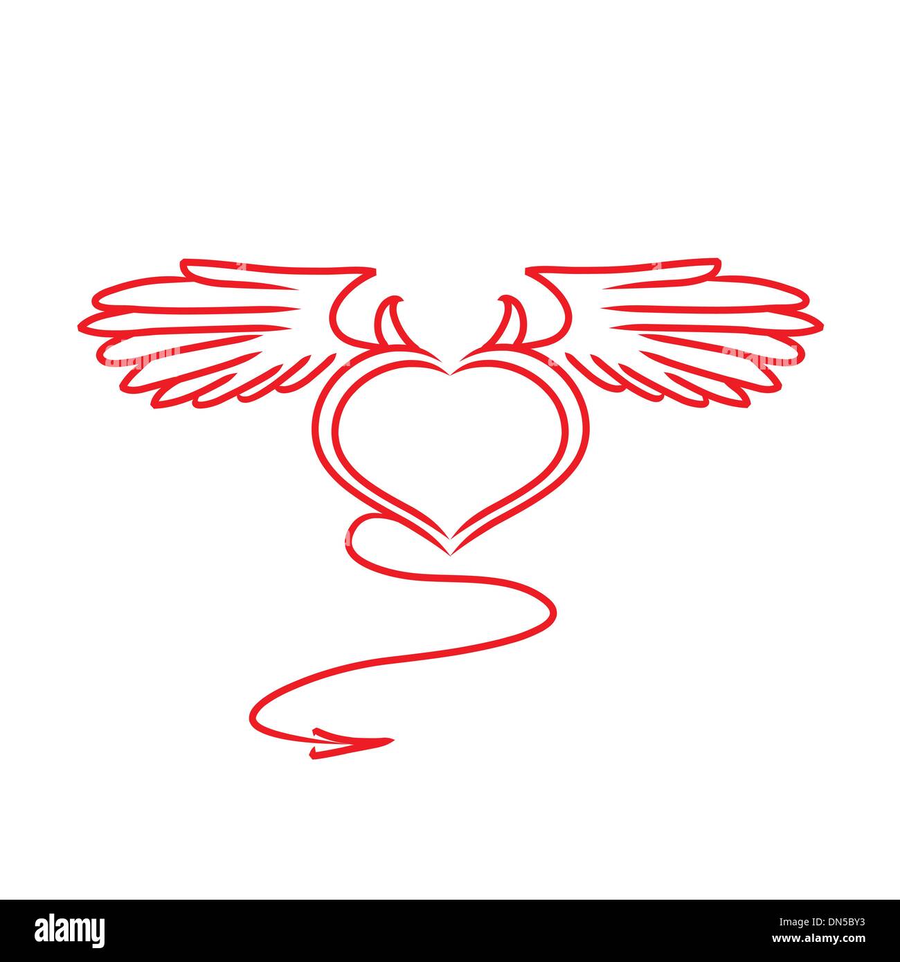 Il bianco e il rosso del cuore con una coda, ali e corna tattoo Illustrazione Vettoriale