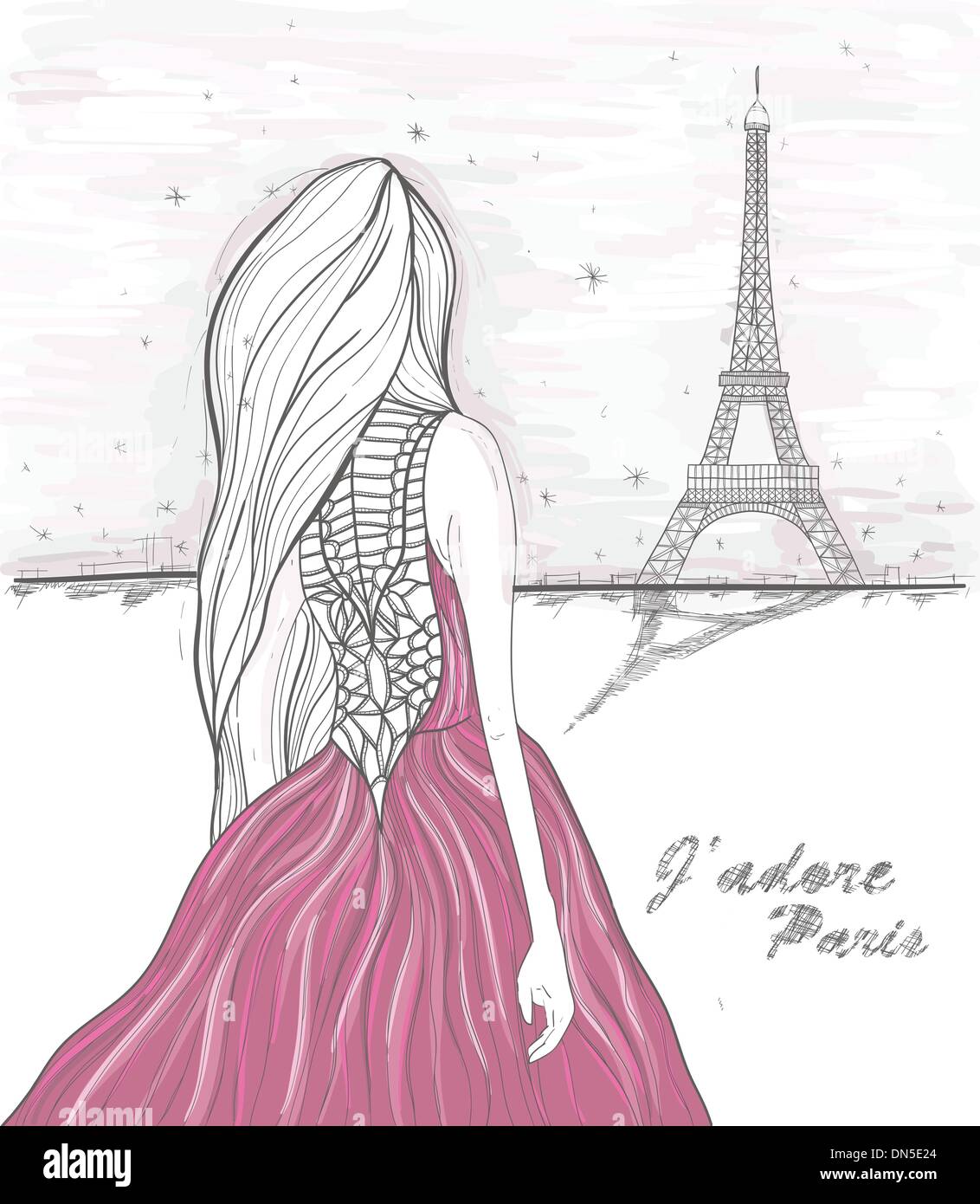 Ragazza guarda alla torre eiffel. Disegnato a mano cartolina di Parigi. Illustrazione Vettoriale