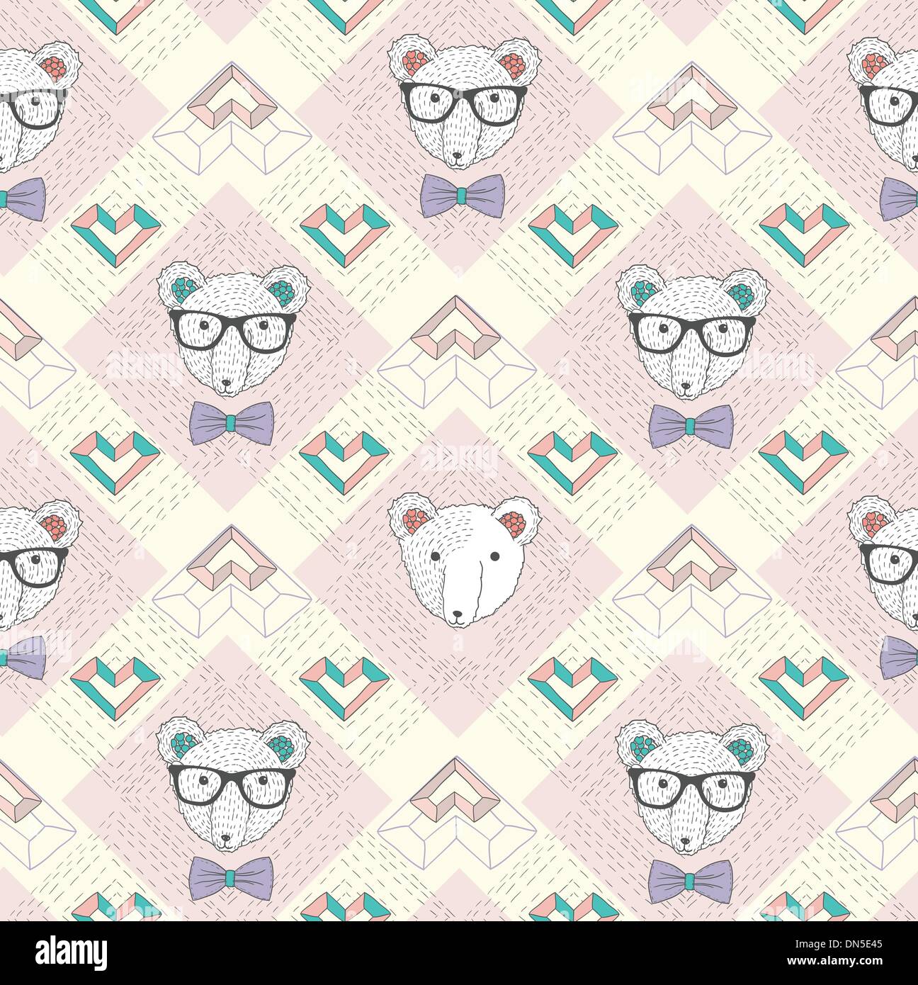 Modello senza cuciture con hipster orso polare e di cuori. Illustrazione Vettoriale