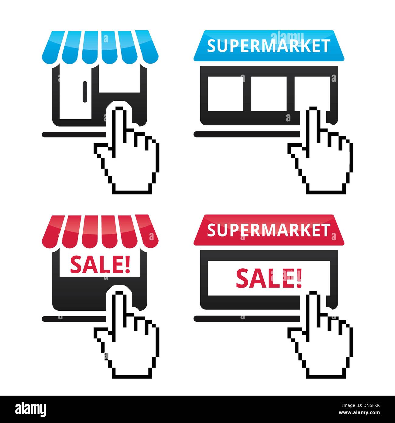 Shop, supermercato, vendita le icone con il cursore sull'icona mano Illustrazione Vettoriale