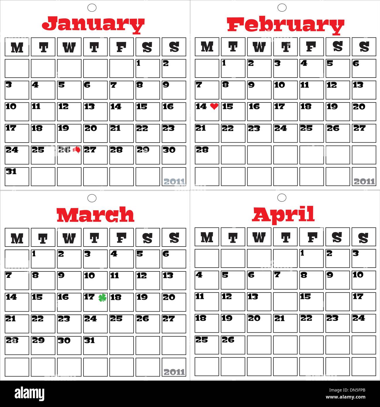 I primi quattro mesi di calendario per il 2011 Illustrazione Vettoriale