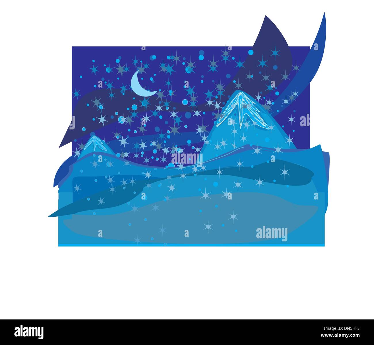 Bellissimo paesaggio invernale con cielo notturno, le montagne e la luce m Illustrazione Vettoriale