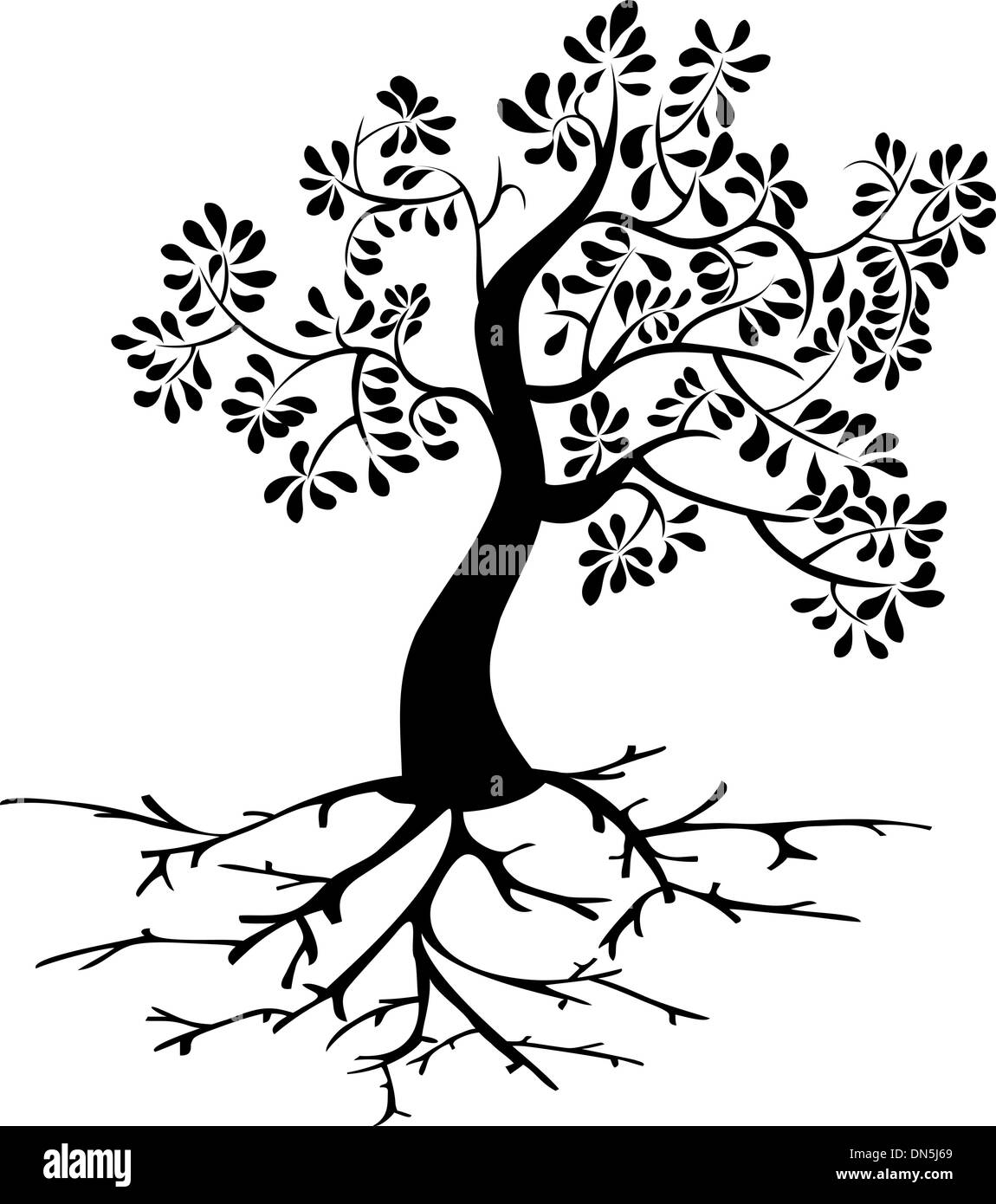 Albero nero con radici silhouette Illustrazione Vettoriale