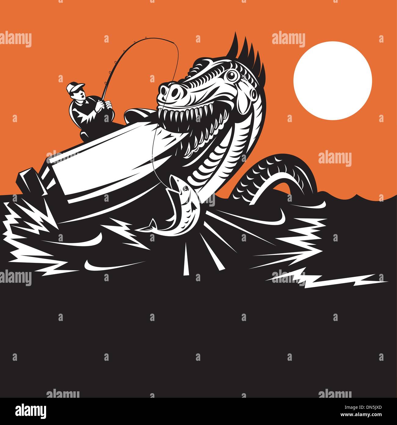 La pesca del pescatore e il Serpente Marino Illustrazione Vettoriale