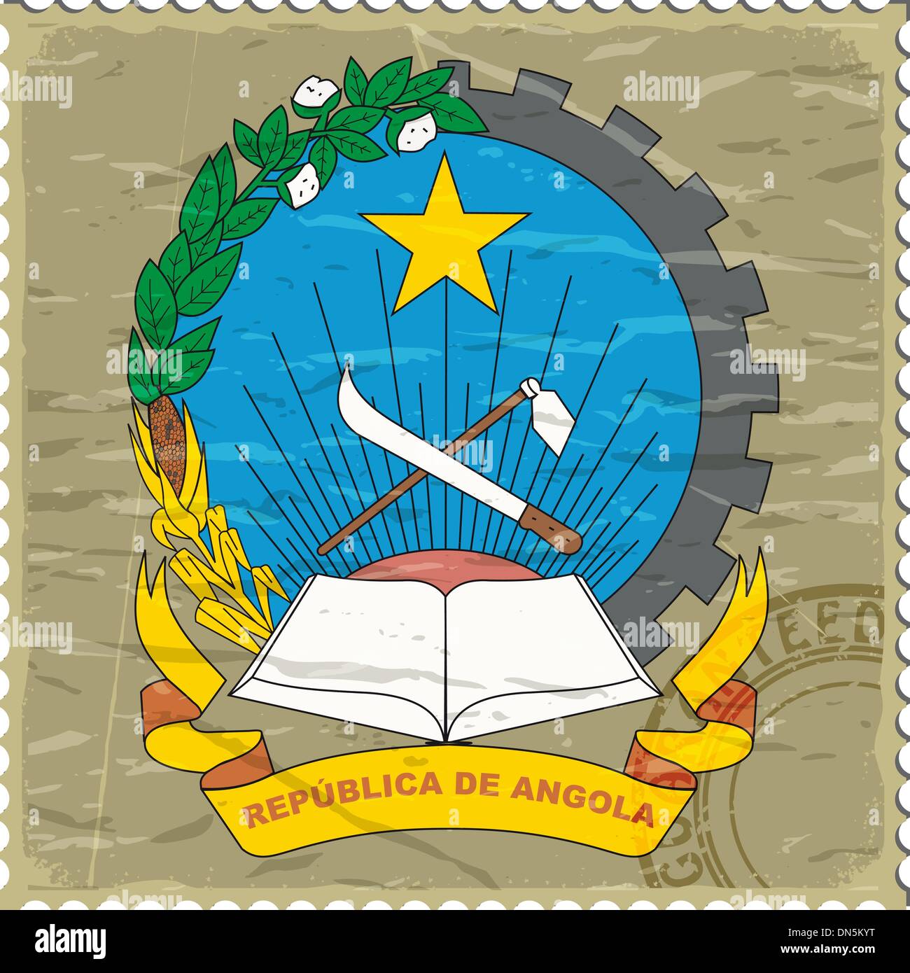 Stemma di Angola sul vecchio francobollo Illustrazione Vettoriale