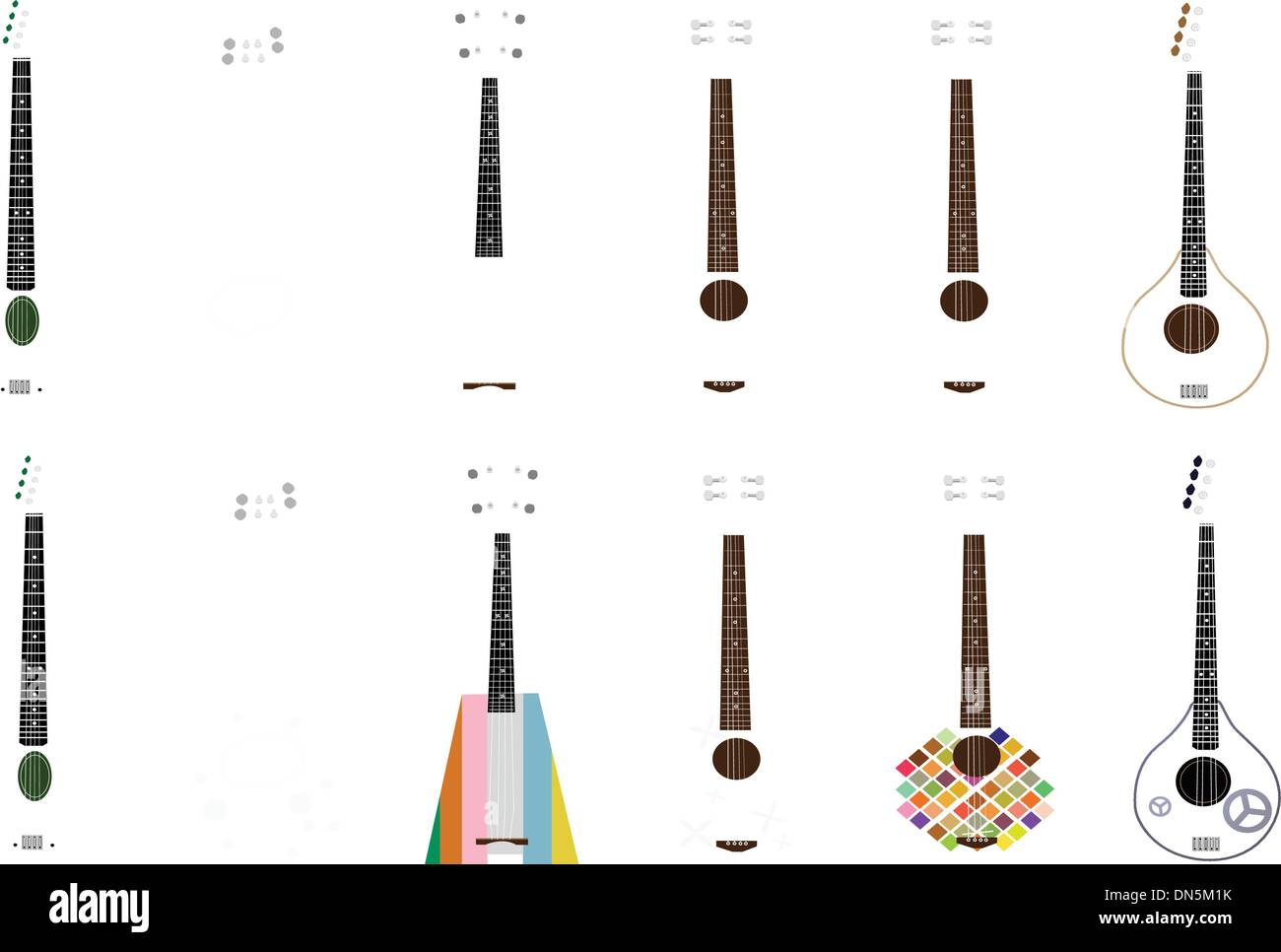 Una serie di bellissimi Ukulele chitarre su sfondo bianco Illustrazione Vettoriale