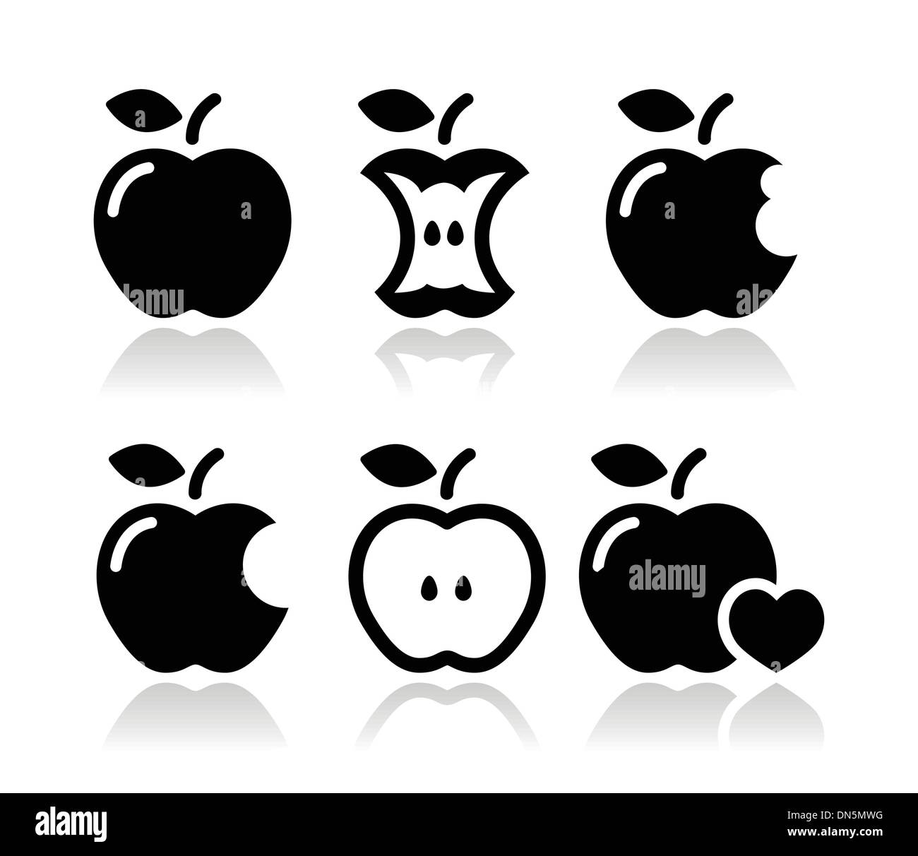 Apple, Apple core, picchiato, metà icone vettoriali Illustrazione Vettoriale