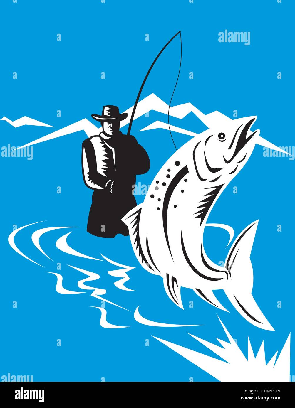 Pesci trote jumping riavvolta dal pescatore a mosca Illustrazione Vettoriale