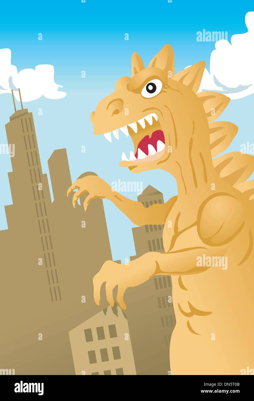 Dinosauro Monster attaccando una città Illustrazione Vettoriale