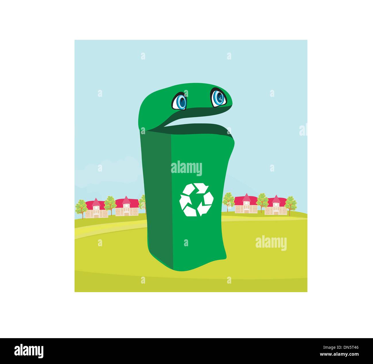 Funny recycling bin contiene una bottiglia di vetro Illustrazione Vettoriale