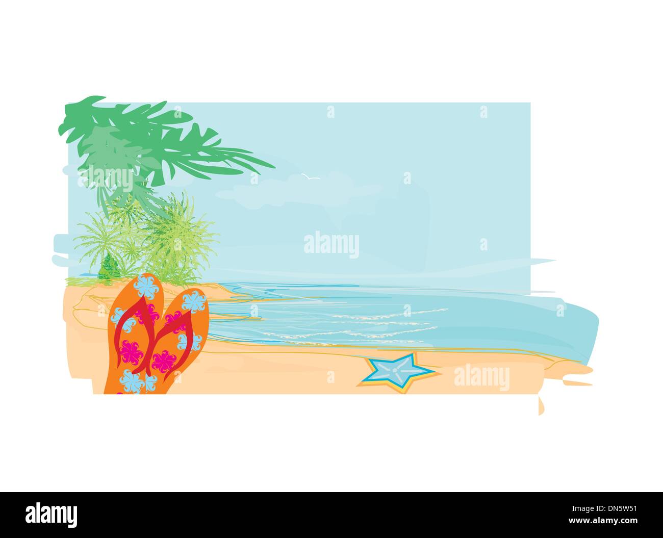 Flip-flop e conchiglia sulla spiaggia Illustrazione Vettoriale