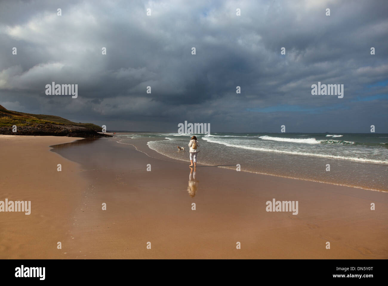 Cielo tempestoso e walker sulla spiaggia al punto Budle Northumberland Coast Foto Stock